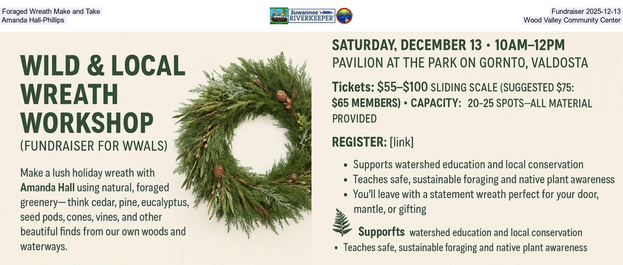 Foraged Wreath Make and Take, Fundraiser 2025-12-13, Amanda Hall-Phillips, Wood Valley Community Center