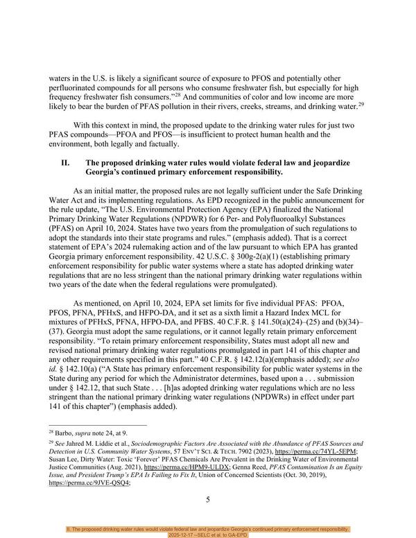 [II. The proposed drinking water rules would violate federal law and jeopardize Georgia’s continued primary enforcement responsibility.]