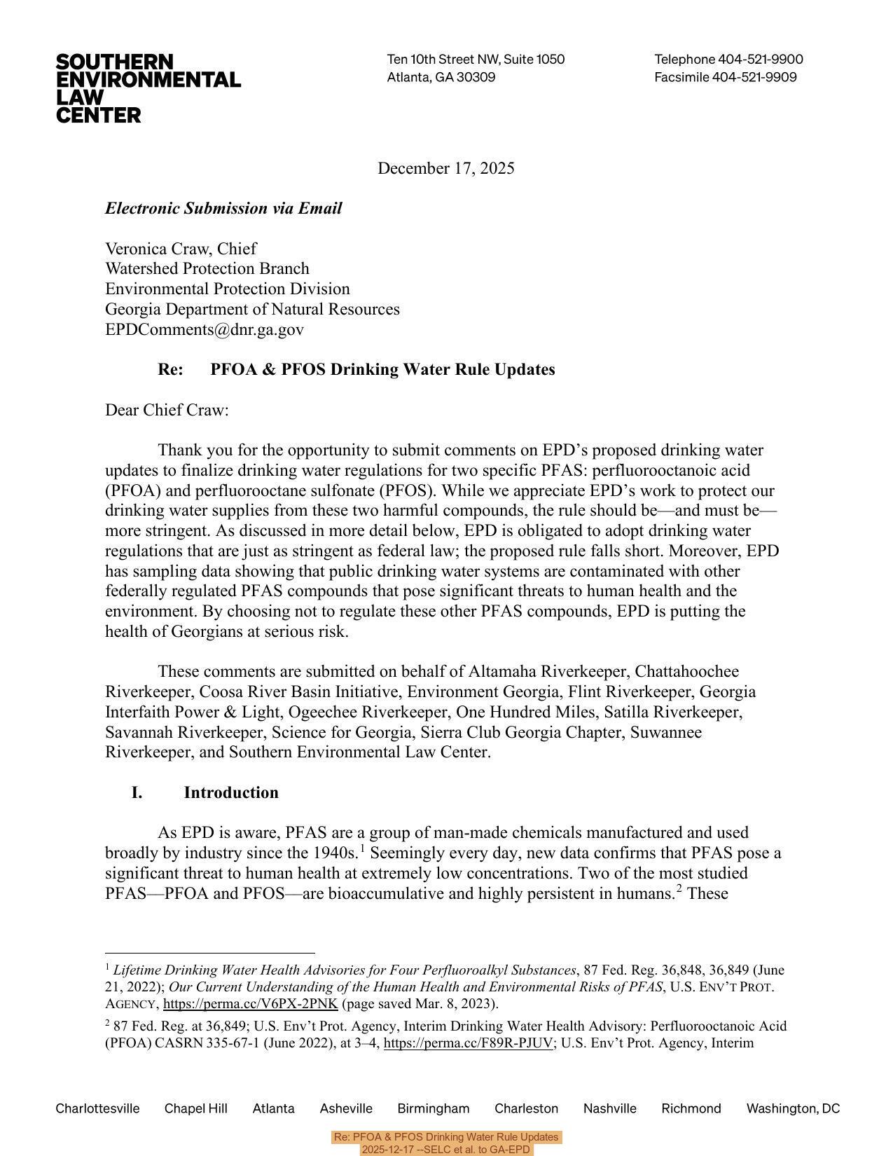 Re: PFOA & PFOS Drinking Water Rule Updates 2025-12-17 --SELC et al. to GA-EPD