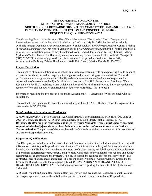 [North Florida Recharge Project Treatment Wetland and Recharge Facility Investigation, Selection and Conceptual Design RFQ 41325, 2025-07-28 --SJRWMD Governing Board RFQ 41325]