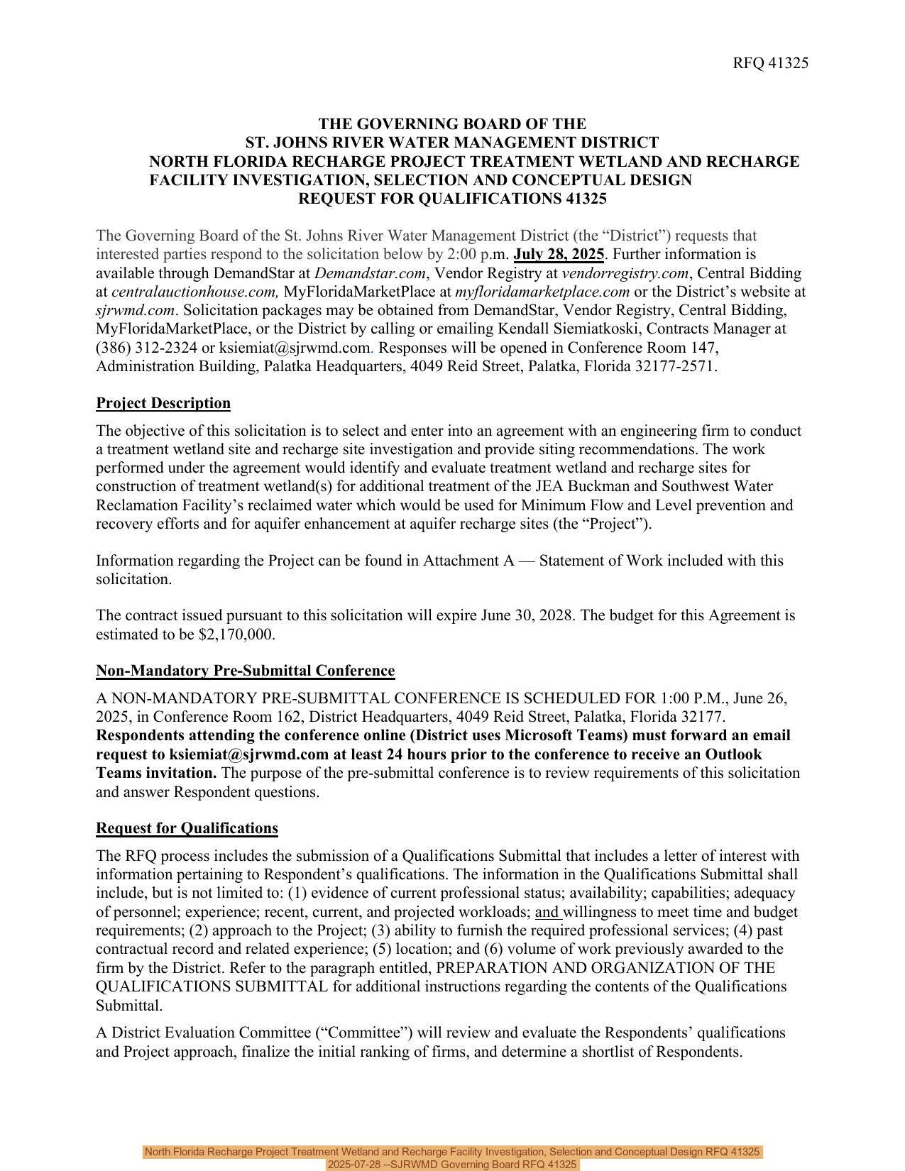 North Florida Recharge Project Treatment Wetland and Recharge Facility Investigation, Selection and Conceptual Design RFQ 41325, 2025-07-28 --SJRWMD Governing Board RFQ 41325