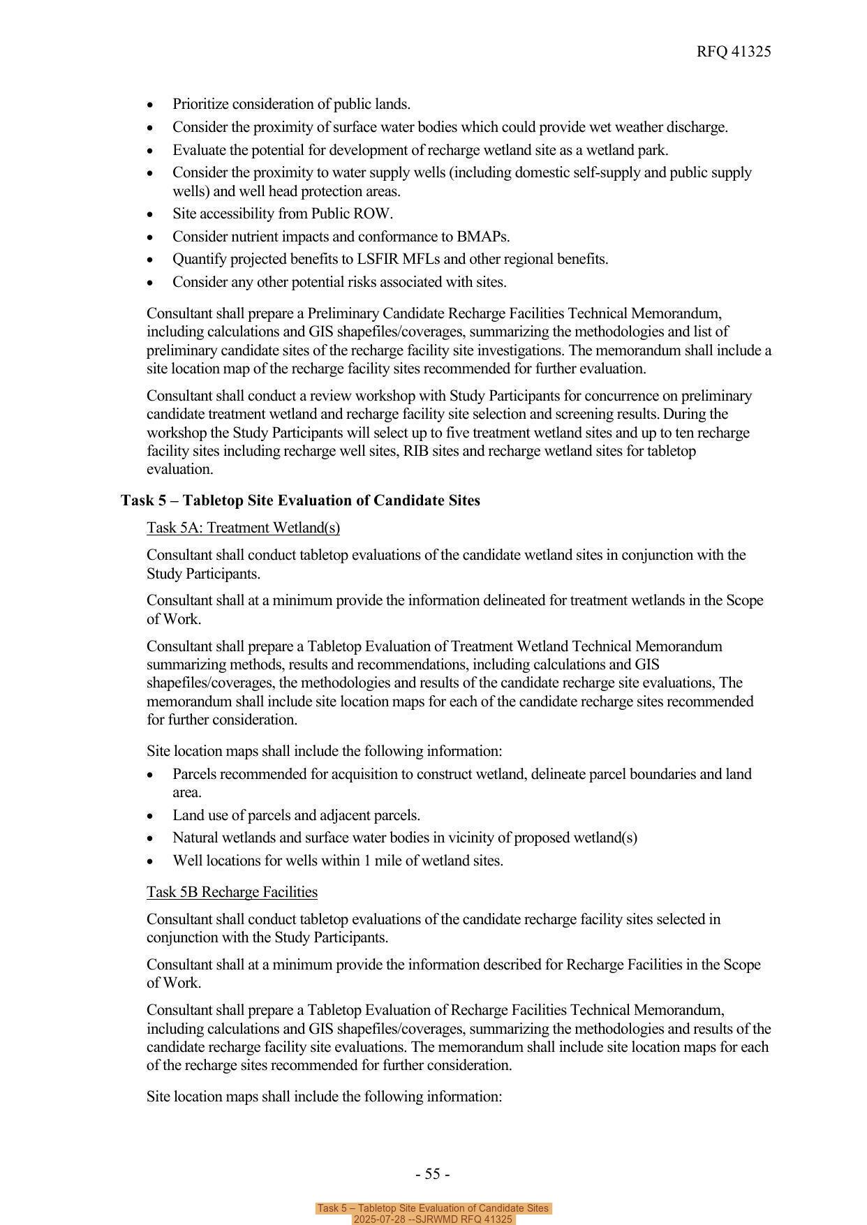 Task 5 – Tabletop Site Evaluation of Candidate Sites, 2025-07-28 --SJRWMD RFQ 41325