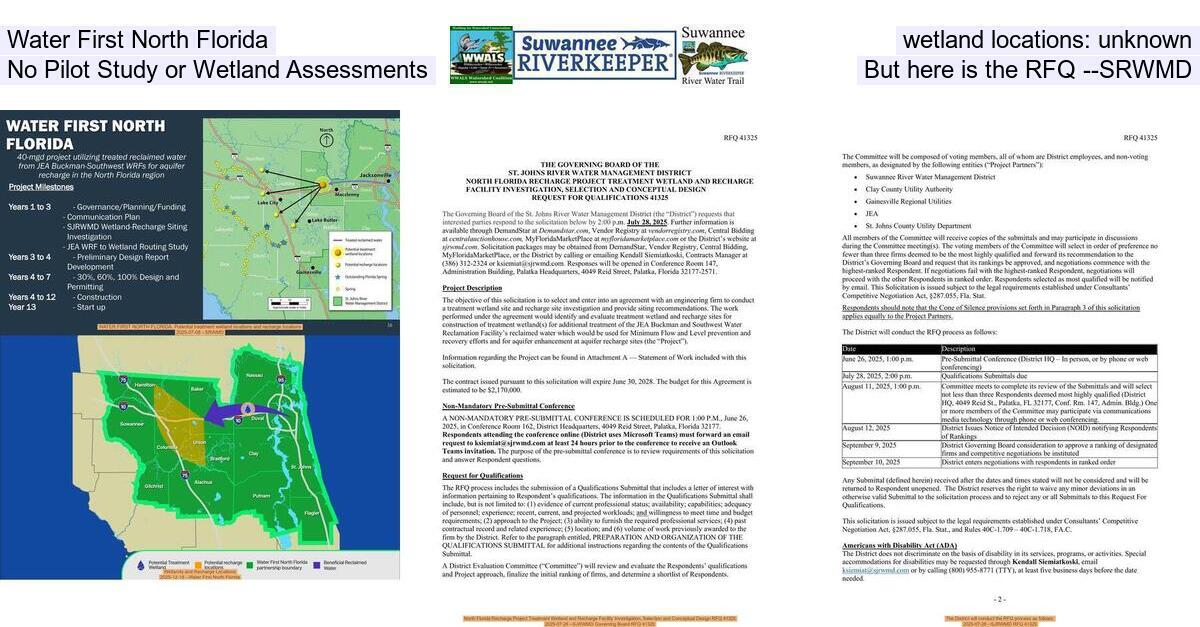 [Water First North Florida wetland locations: unknown, No Pilot Study or Wetland Assessments, But here is the RFQ --SRWMD]