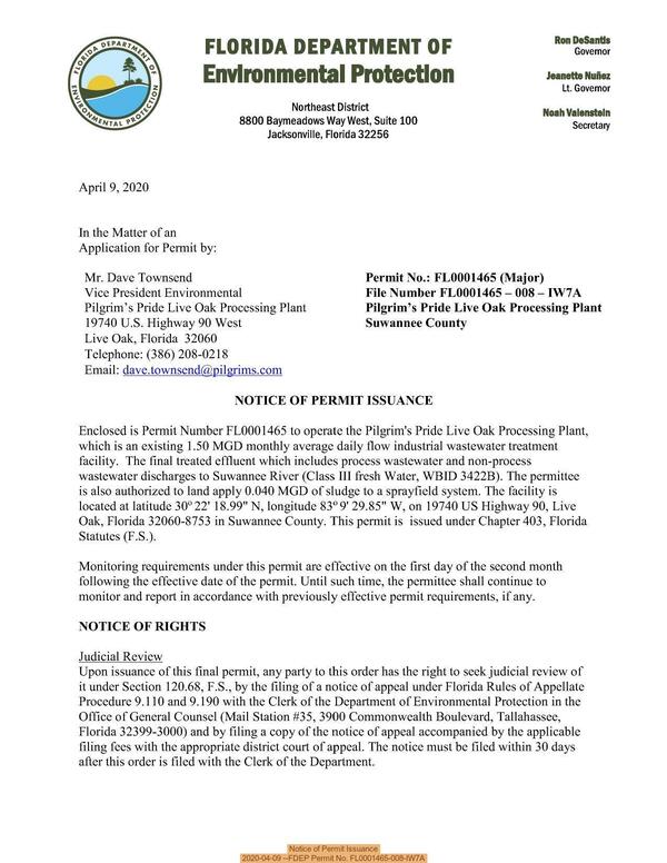 [Notice of Permit Issuance, 2020-04-09 --FDEP Permit No. FL0001465-008-IW7A]