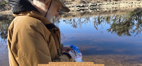 [Suwannee Riverkeeper preparing to sample water quality, 2025:12:20 11:55:31, 30.3657177, -83.1915906 --Merrillee Malwitz-Jipson for WWALS]