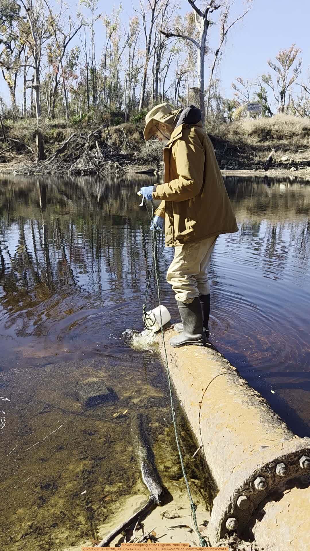 Movie: Sampling at the Pilgrims Pride Pipe, 2025:12:20 12:02:58, 30.3657478, -83.1915831 (94M) --Merrillee Malwitz-Jipson for WWALS