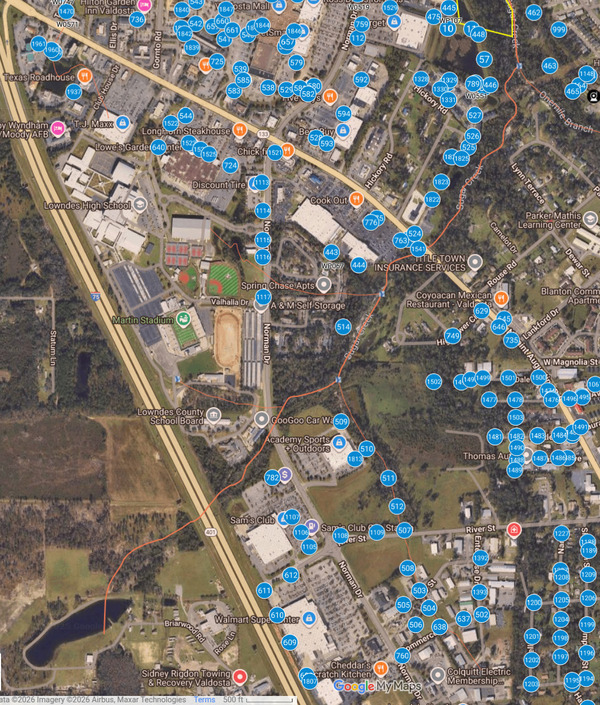 [Map: Hightower Creek Manholes, 2026-01-03 --Valdosta Utilities]