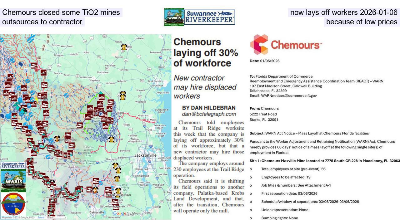 Chemours closed some TiO2 mines, now lays off workers 2026-01-06, outsources to contractor, because of low prices