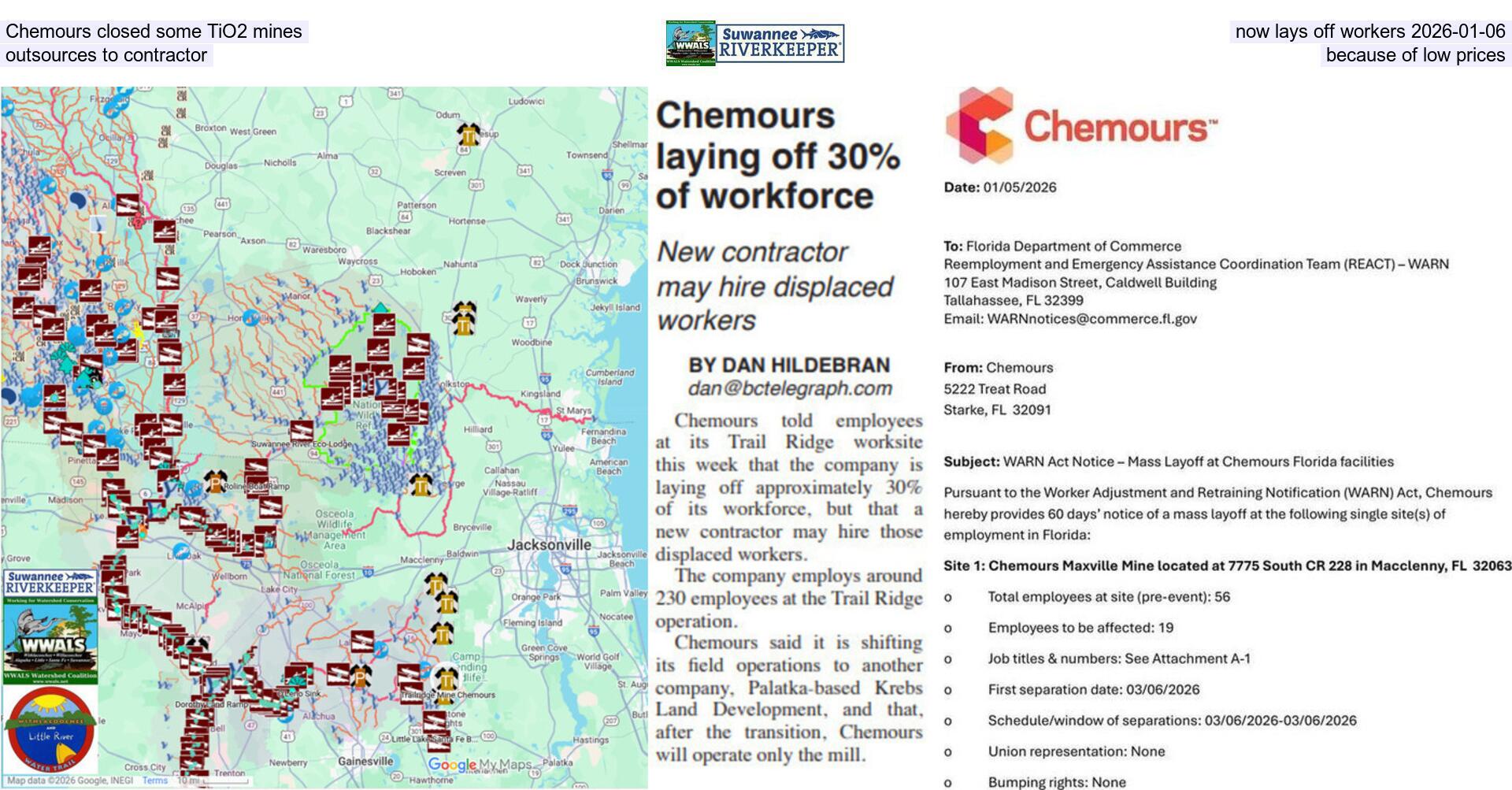 [Chemours closed some TiO2 mines, now lays off workers 2026-01-06, outsources to contractor, because of low prices]