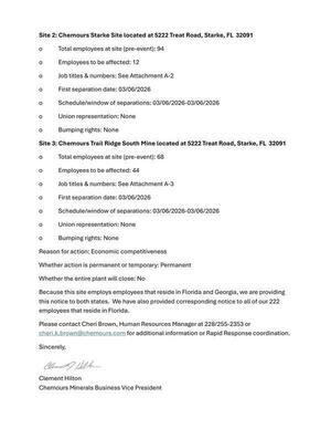 [Site 2: Chemours Starke Site located at 5222 Treat Road, Starke, FL 32091; Site 3: Chemours Trail Ridge South Mine located at 5222 Treat Road, Starke, FL 32091]