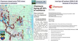 [Chemours closed some TiO2 mines, now lays off workers 2026-01-06, outsources to contractor, because of low prices]
