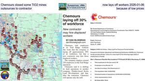 [Chemours closed some TiO2 mines, now lays off workers 2026-01-06, outsources to contractor, because of low prices]