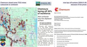 [Chemours closed some TiO2 mines, now lays off workers 2026-01-06, outsources to contractor, because of low prices]
