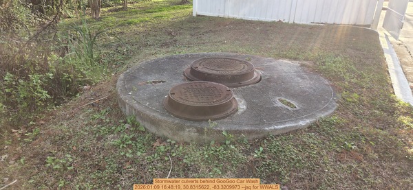 [Stormwater culverts behind GooGoo Car Wash, 2026:01:09 16:48:19, 30.8315622, -83.3209973 --jsq for WWALS]