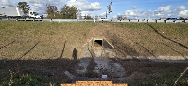 [Hightower Creek Culvert under I-75, 2026:01:09 15:51:24, 30.8289751, -83.3232932 --jsq for WWALS]