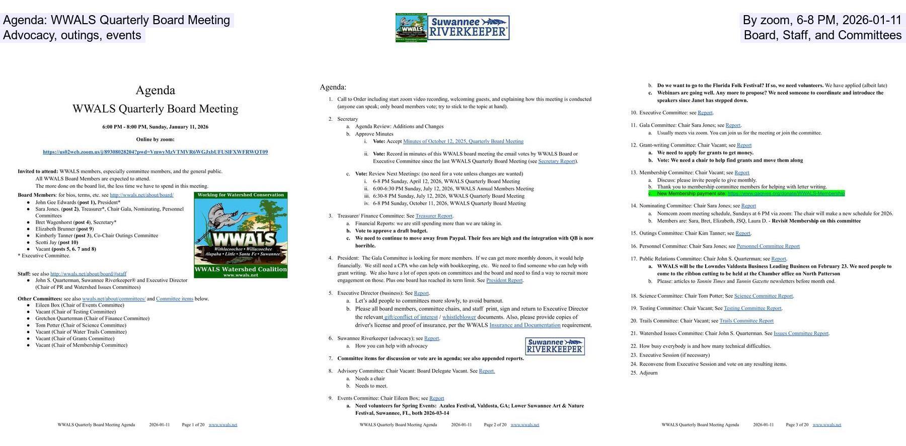 [Agenda: WWALS Quarterly Board Meeting, By zoom, 6-8 PM, 2026-01-11, Advocacy, outings, events, Board, Staff, and Committees]
