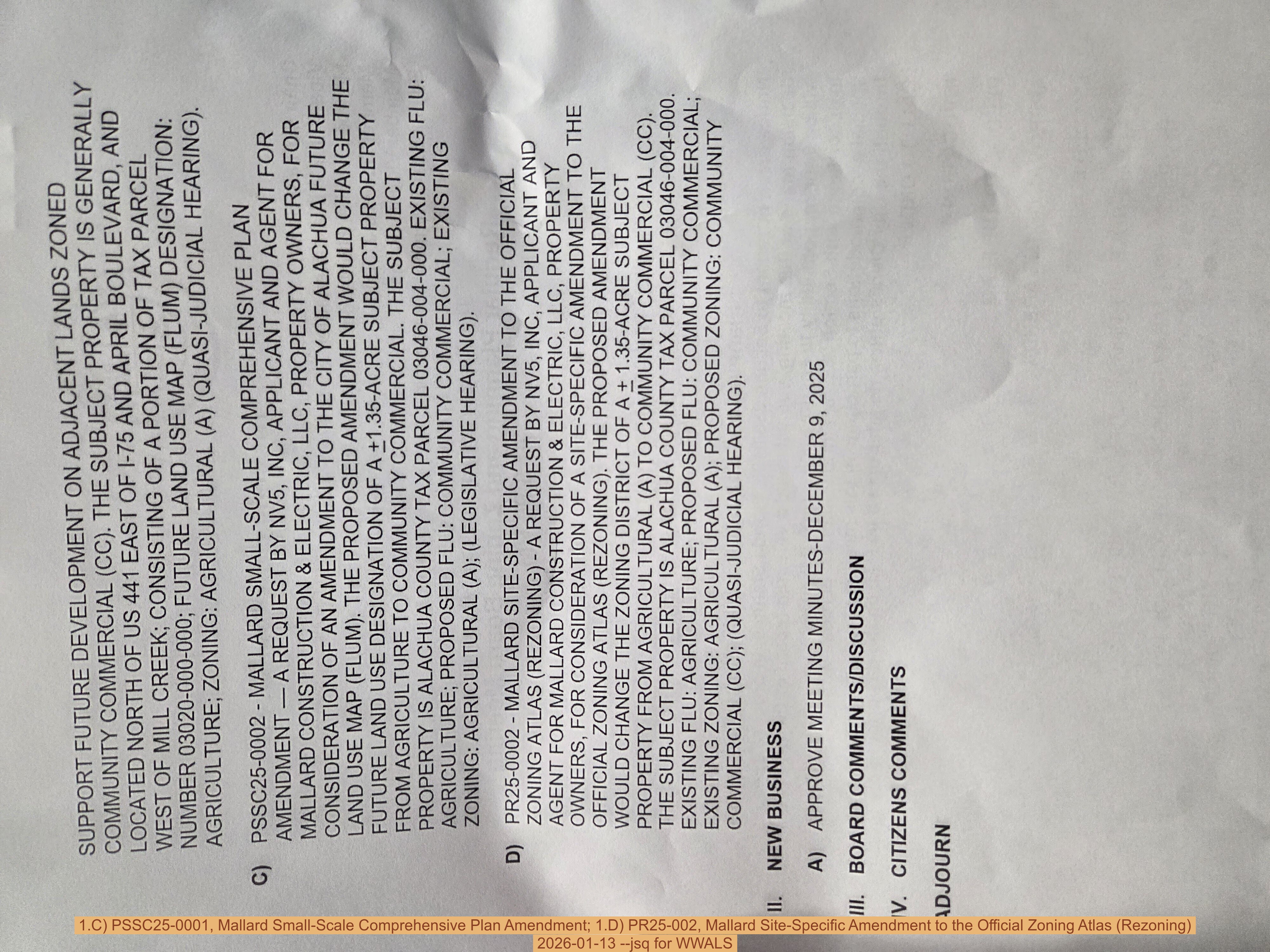 1.C) PSSC25-0001, Mallard Small-Scale Comprehensive Plan Amendment; 1.D) PR25-002, Mallard Site-Specific Amendment to the Official Zoning Atlas (Rezoning), 2026-01-13 --jsq for WWALS