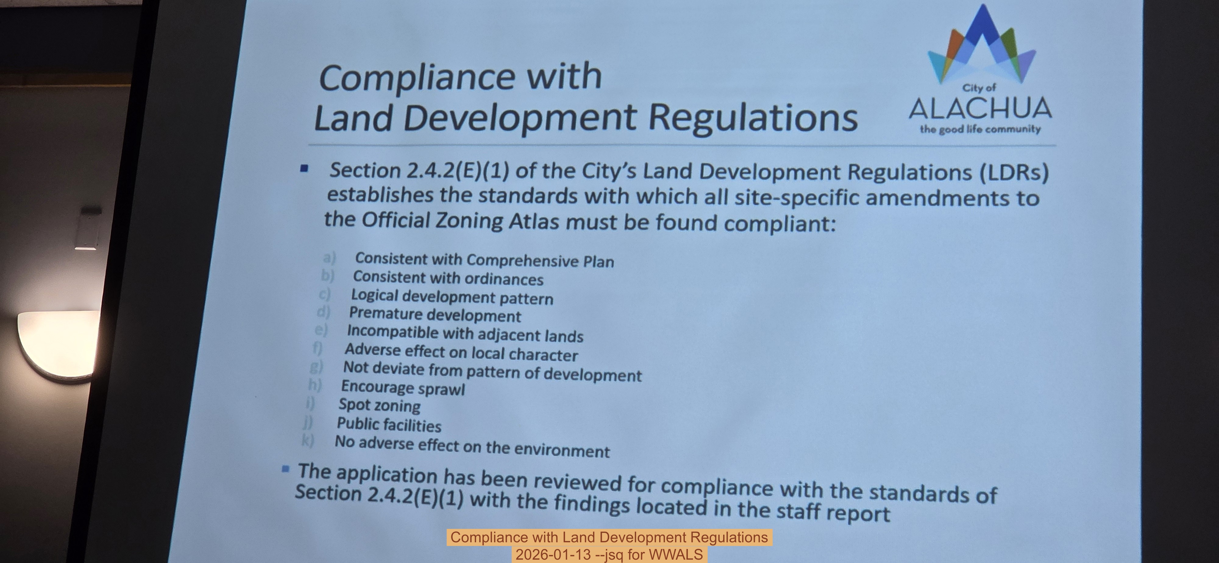 Compliance with Land Development Regulations, 2026-01-13 --jsq for WWALS