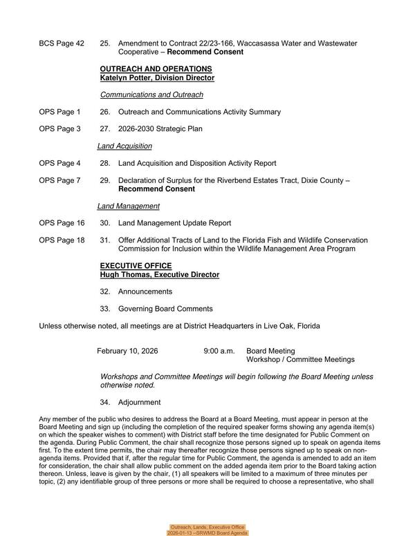[Outreach, Lands, Executive Office, 2026-01-13 --SRWMD Board Agenda]