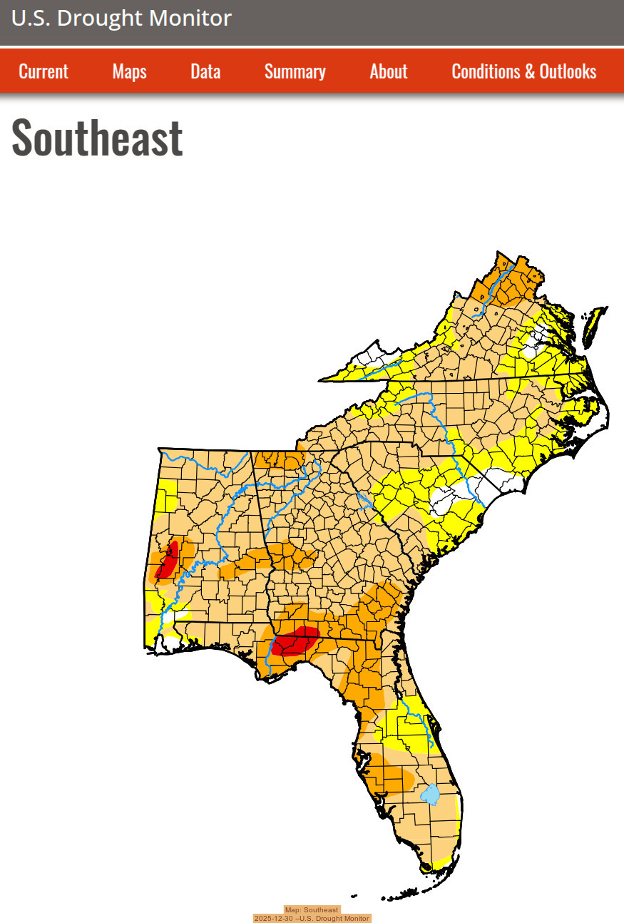 Map: Southeast, 2025-12-30 --U.S. Drought Monitor