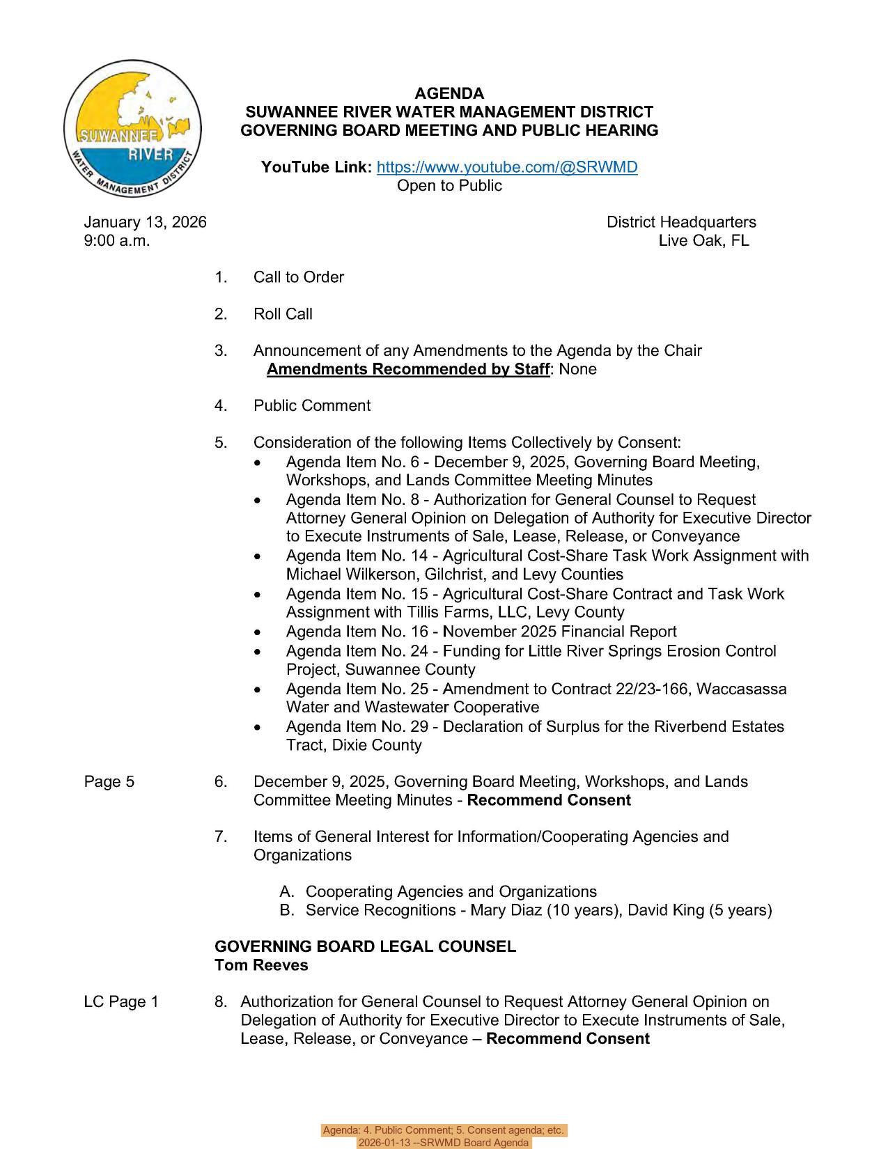 Agenda: 4. Public Comment; 5. Consent agenda; etc., 2026-01-13 --SRWMD Board Agenda