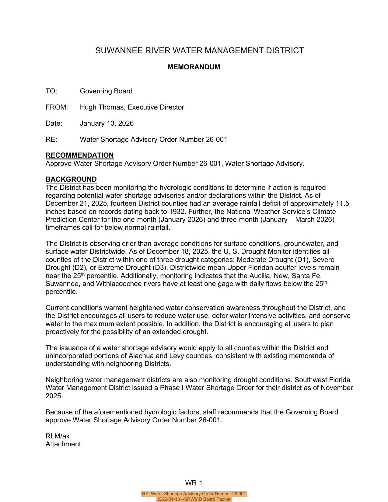 RE: Water Shortage Advisory Order Number 26-001, 2026-01-13 --SRWMD Board Packet
