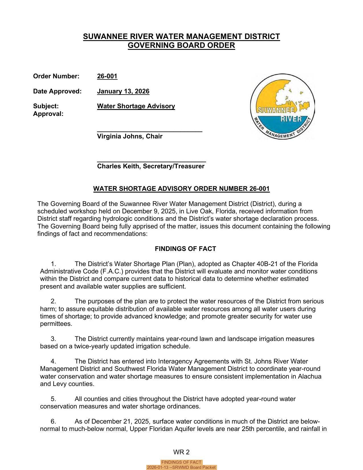 FINDINGS OF FACT, 2026-01-13 --SRWMD Board Packet
