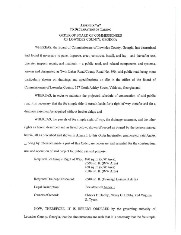 NOW, THEREFORE, IT IS HEREBY ORDERED by the governing authority of