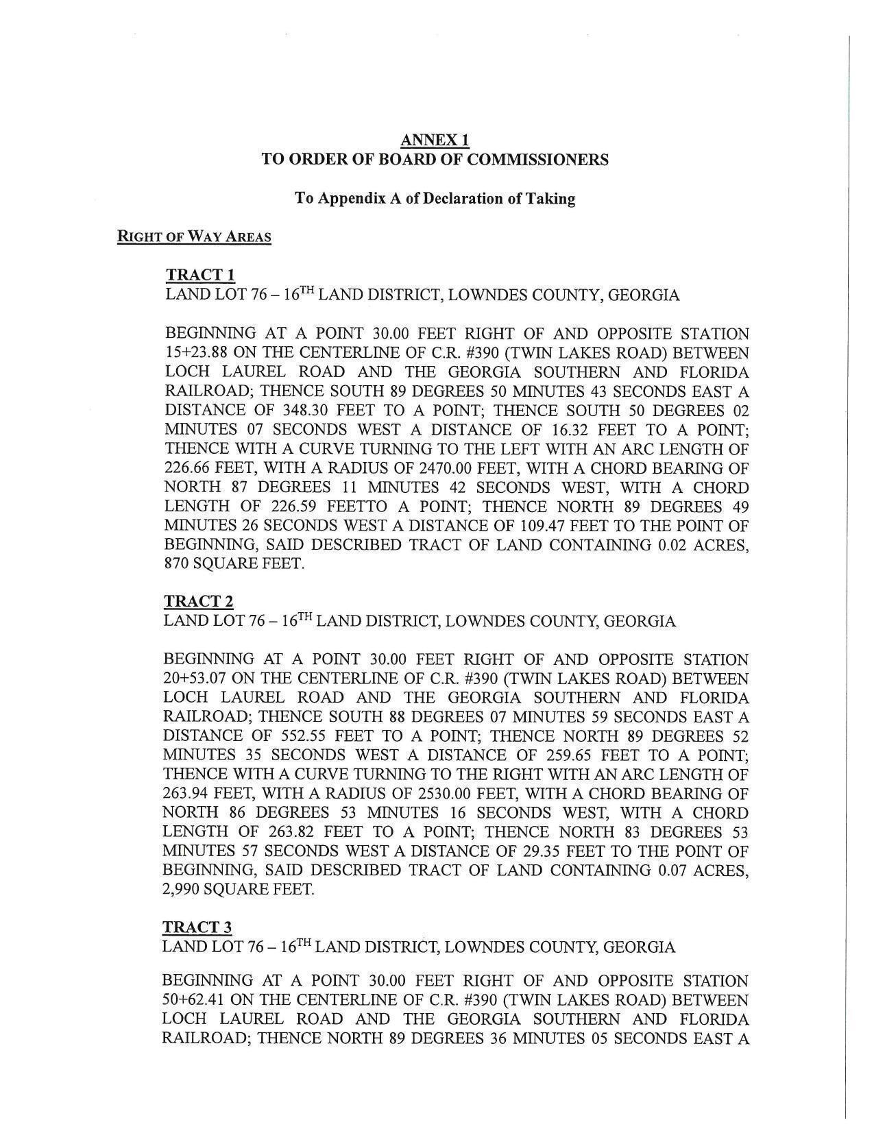 ANNEX 1 TO ORDER OF BOARD OF COMMISSIONERS: RIGHT OF Way AREAS
