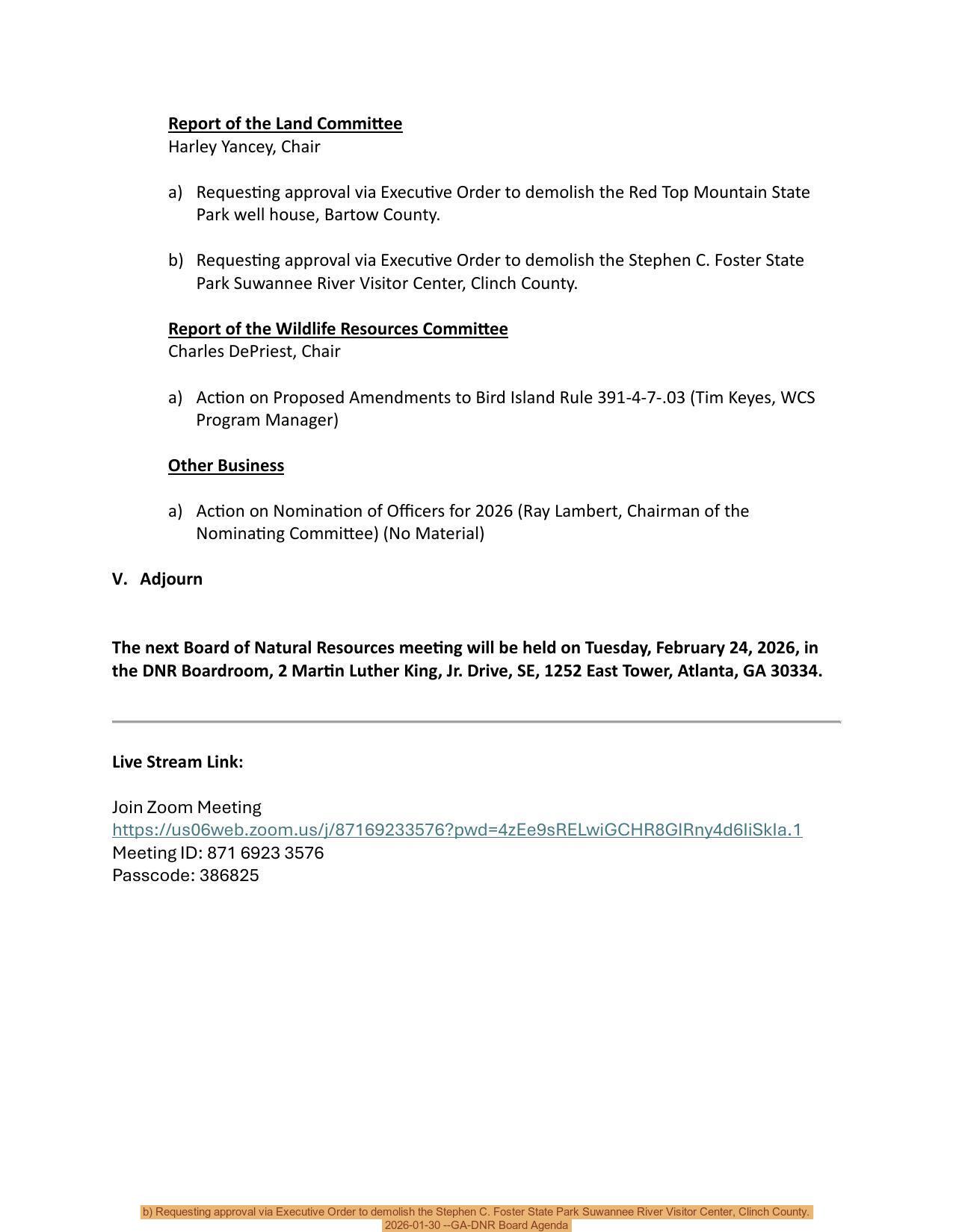 b) Requesting approval via Executive Order to demolish the Stephen C. Foster State Park Suwannee River Visitor Center, Clinch County. 2026-01-30 --GA-DNR Board Agenda
