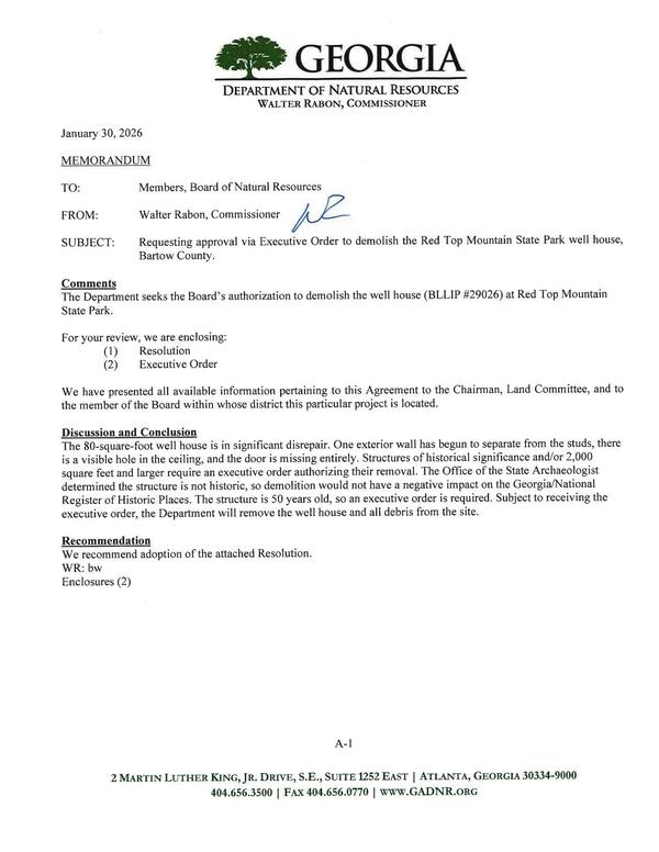 [Requesting approval via Executive Order to demolish the Red Top Mountain State Park well house, Bartow County.]