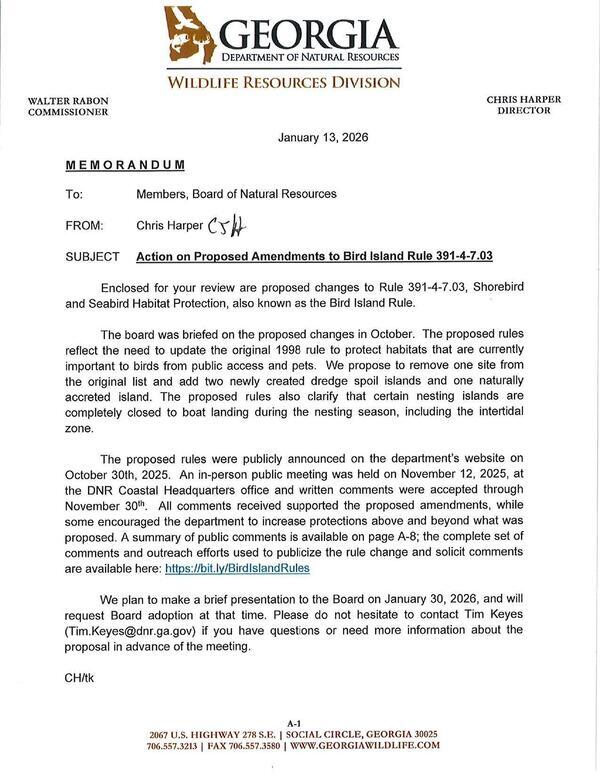 [Action on Proposed Amendments to Bird Island Rule 391-4-7.03]