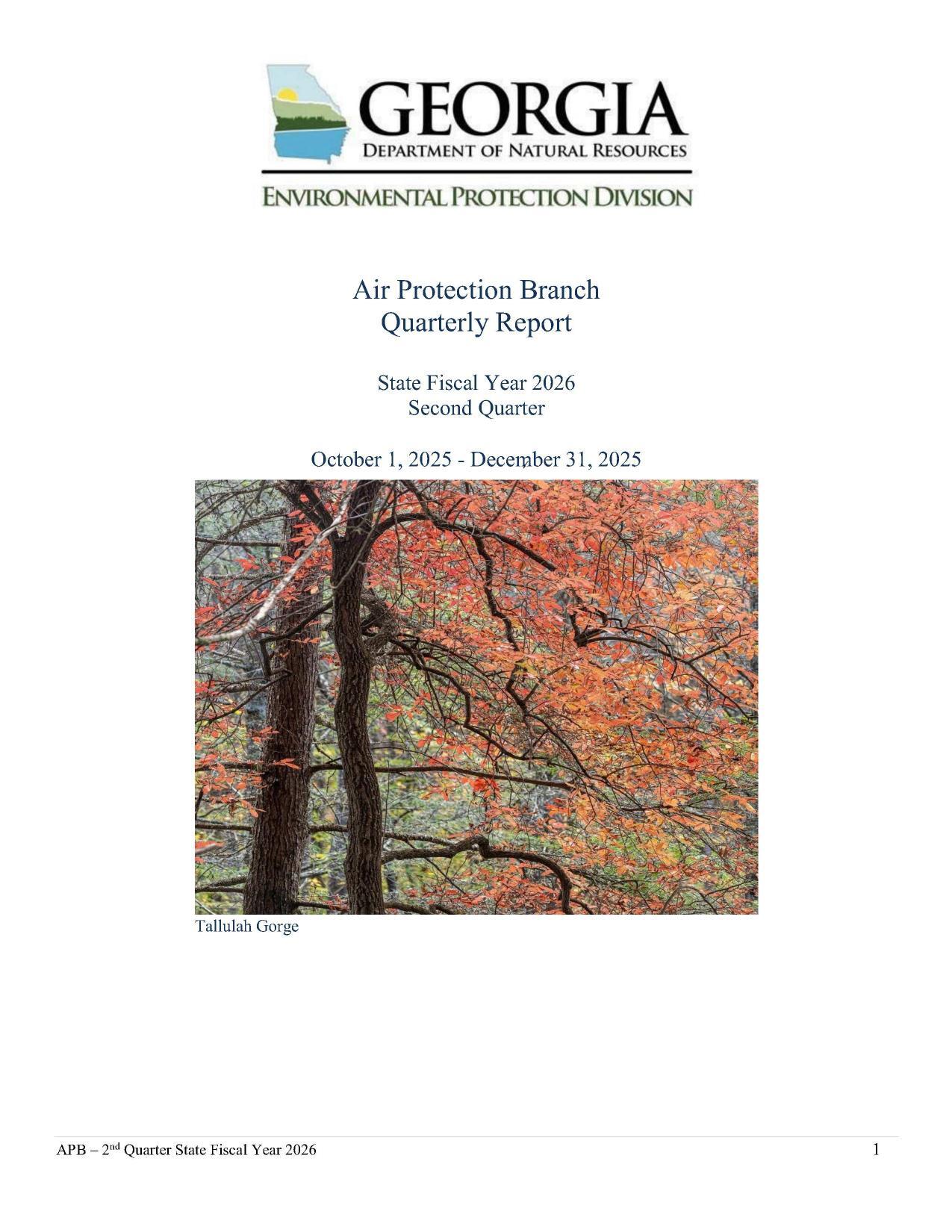 Air Protection Branch Quarterly Report, State Fiscal Year 2026, Second Quarter, October 1, 2025 - December 31, 2025