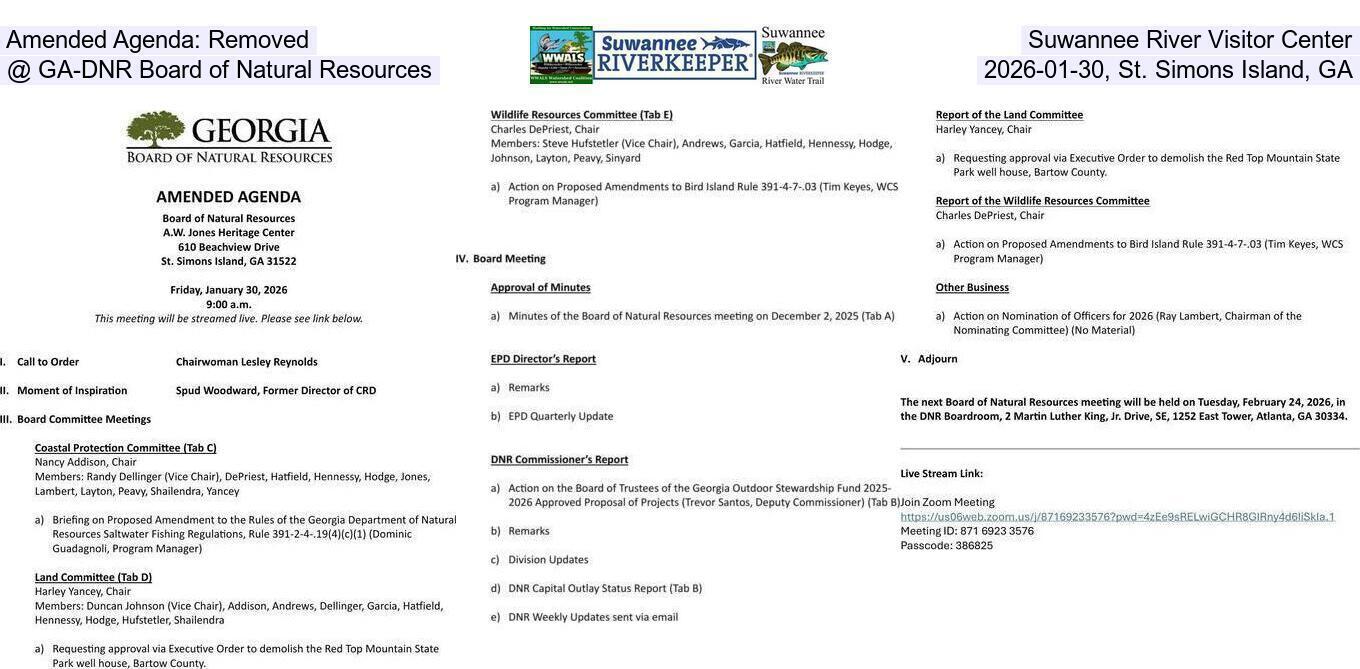 [Amended Agenda: Removed, Suwannee River Visitor Center @ GA-DNR Board of Natural Resources, 2026-01-30, St. Simons Island, GA]