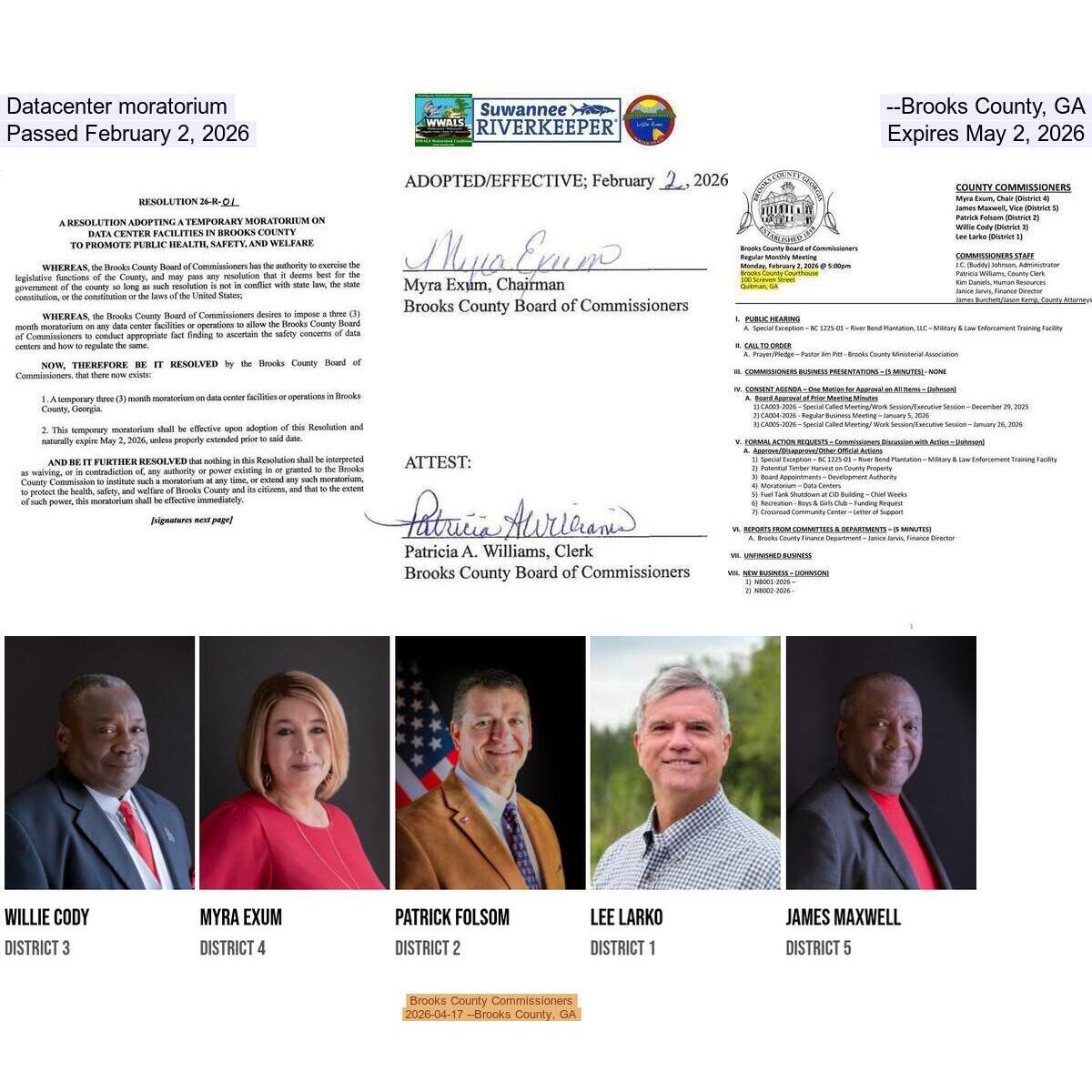 Datacenter moratorium --Brooks County, GA, Passed February 2, 2026, Expires May 2, 2026