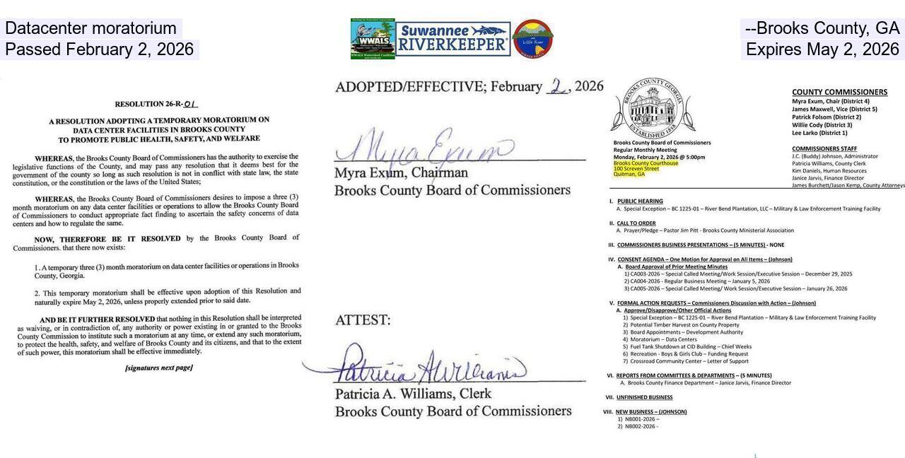 Datacenter moratorium --Brooks County, GA, Passed February 2, 2026, Expires May 2, 2026