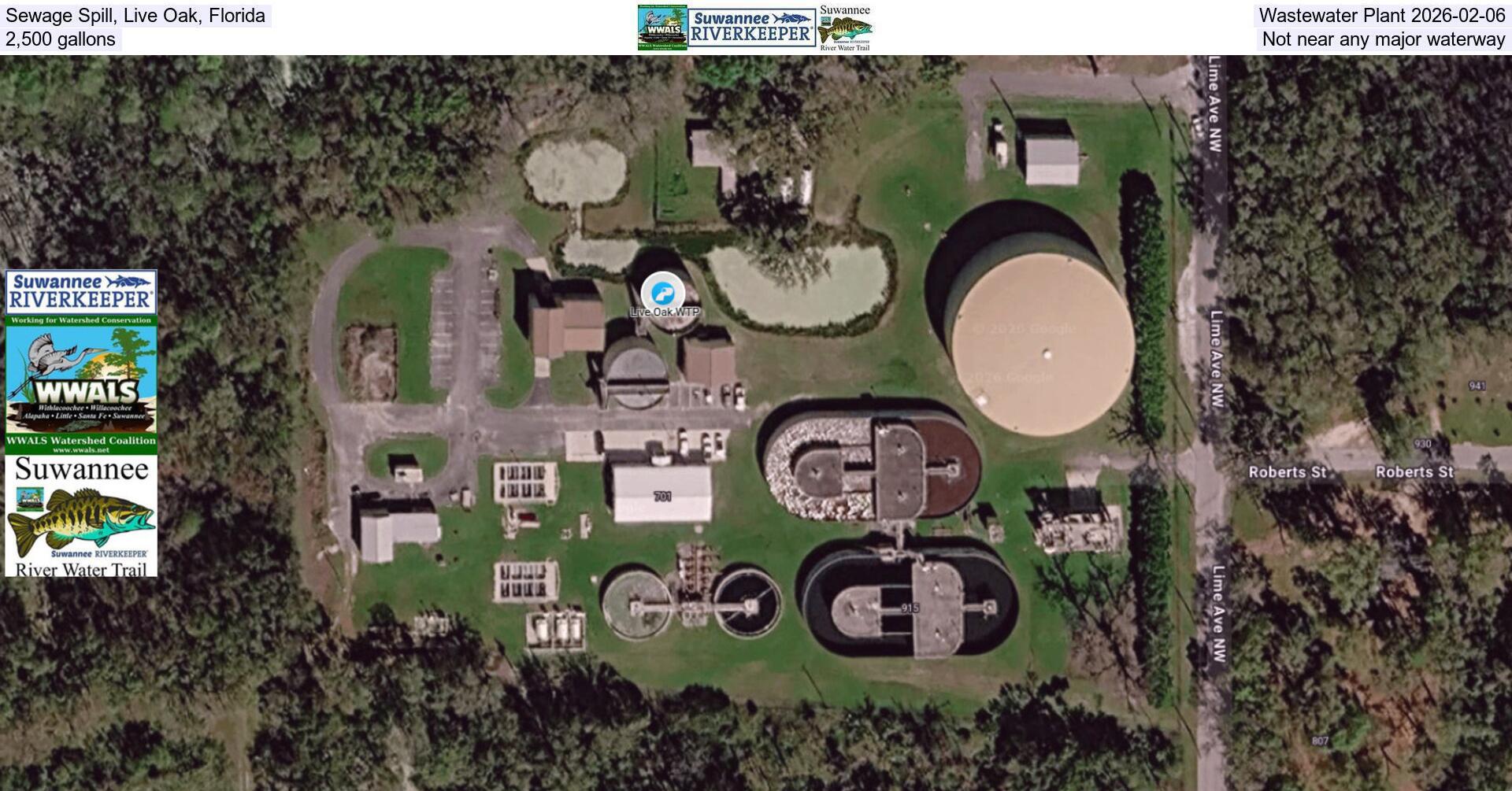 [Sewage Spill, Live Oak, Florida, Wastewater Plant 2026-02-06, 2,500 gallons, Not near any major waterway]
