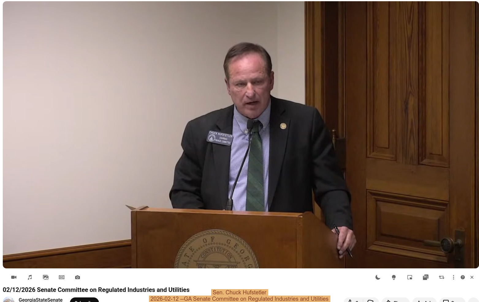 Sen. Chuck Hufstetler, 2026-02-12 --GA Senate Committee on Regulated Industries and Utilities
