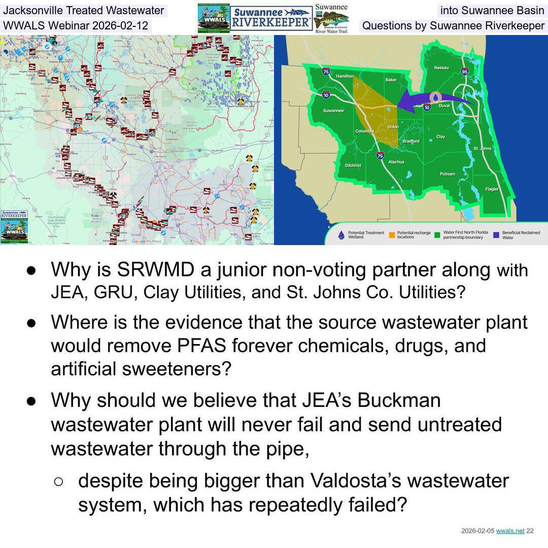 Jacksonville Treated Wastewater into Suwannee Basin, WWALS Webinar 2026-02-12, Questions by Suwannee Riverkeeper
