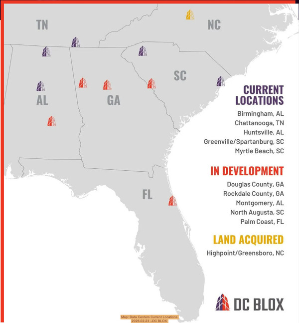 [Map: Data Centers Current Locations, 2026-02-23 --DC BLOX]