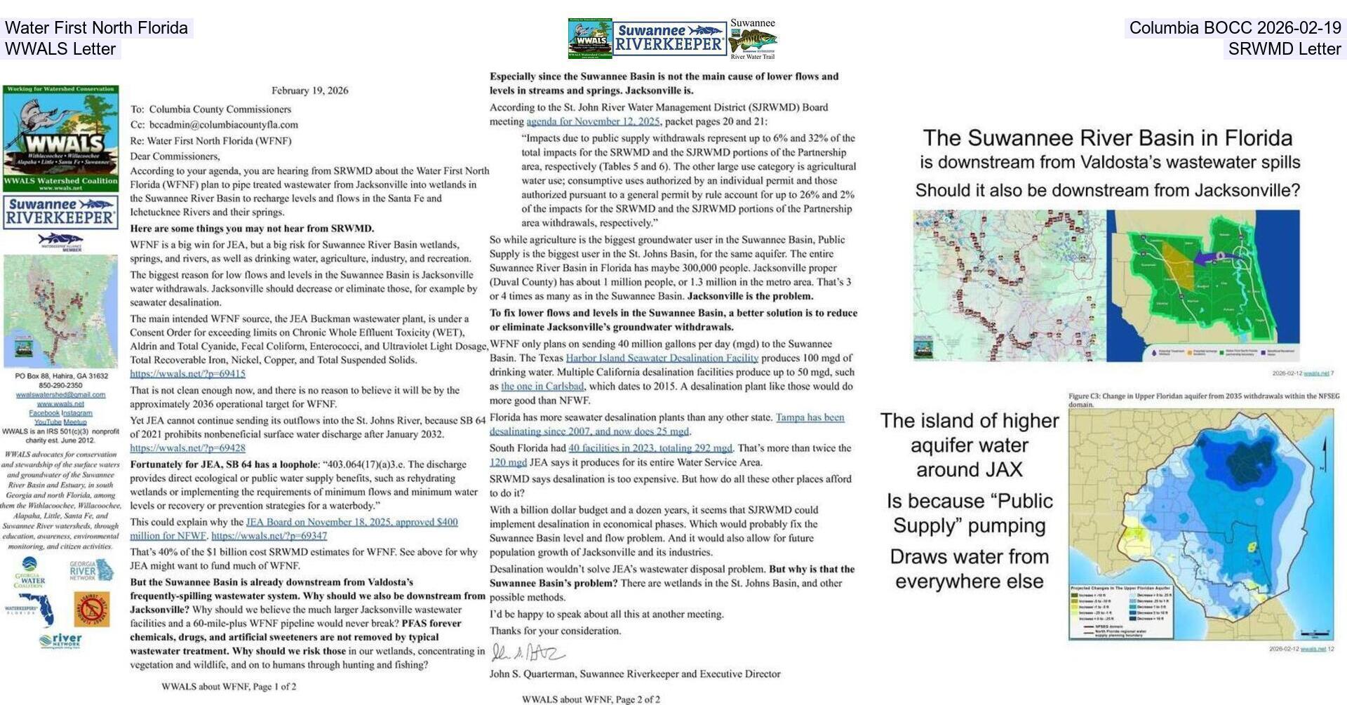 Water First North Florida, Columbia BOCC 2026-02-19, WWALS Letter, SRWMD Letter