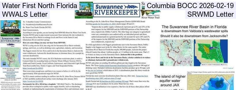 Water First North Florida, Columbia BOCC 2026-02-19, WWALS Letter, SRWMD Letter