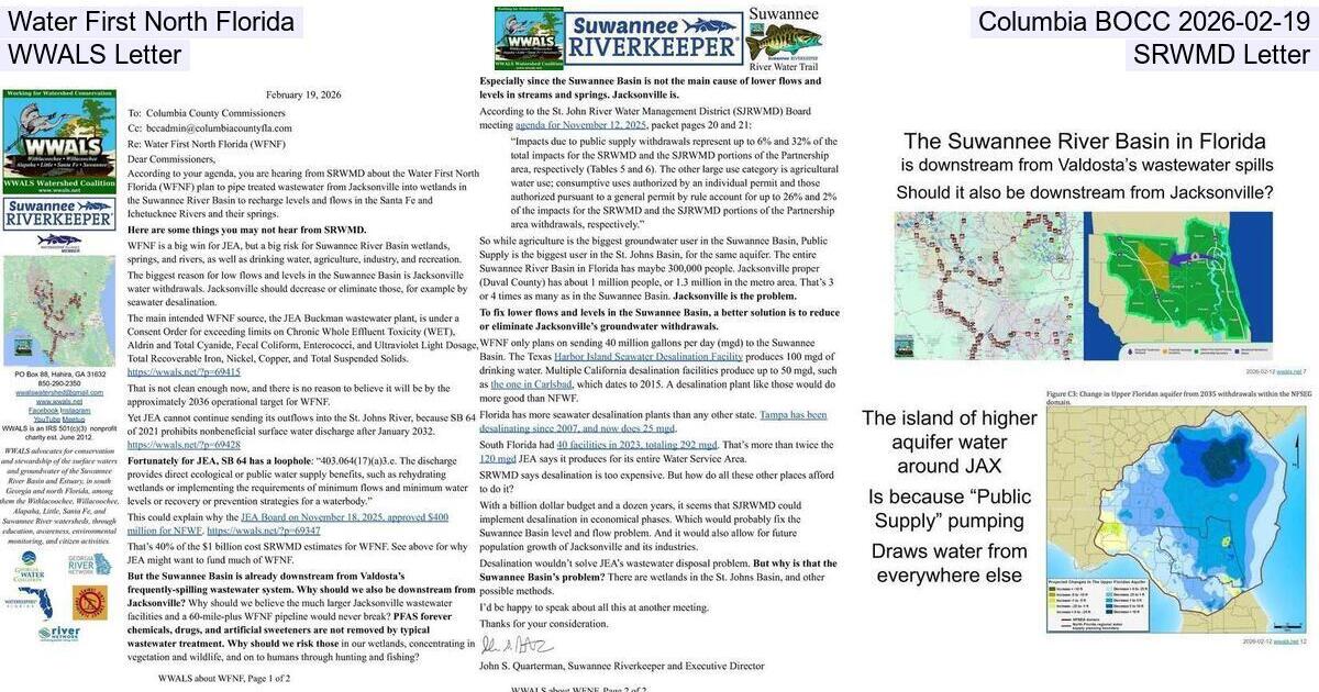 [Water First North Florida, Columbia BOCC 2026-02-19, WWALS Letter, SRWMD Letter]