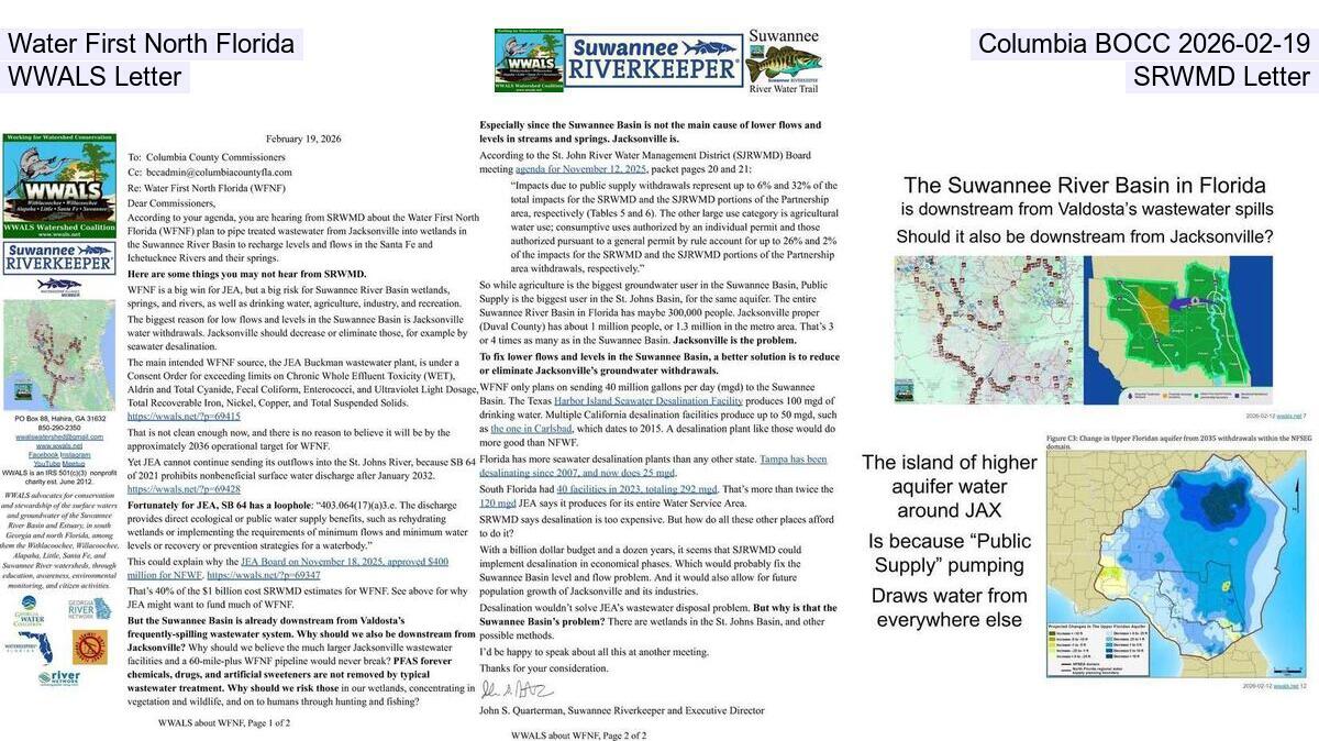 Water First North Florida, Columbia BOCC 2026-02-19, WWALS Letter, SRWMD Letter