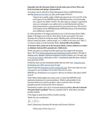 [The Suwannee Basin is not the main cause of lower flows and levels in streams and springs. Jacksonville is.]