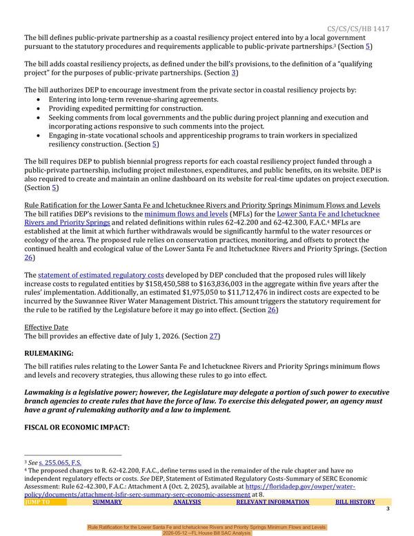 [Rule Ratification for the Lower Santa Fe and Ichetucknee Rivers and Priority Springs Minimum Flows and Levels, 2026-05-12 --FL House Bill SAC Analysis]