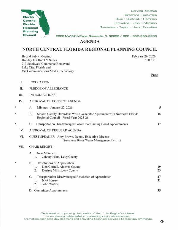[Agenda: VI. GUEST SPEAKER - Amy Brown, Deputy Executive Director Suwannee River Water Management District, 2026-02-26 --NCFRPC Agenda]