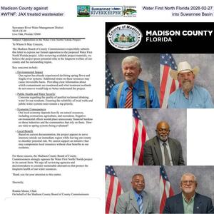[Madison County against Water First North Florida 2026-02-27, #WFNF: JAX treated wastewater into Suwannee Basin]