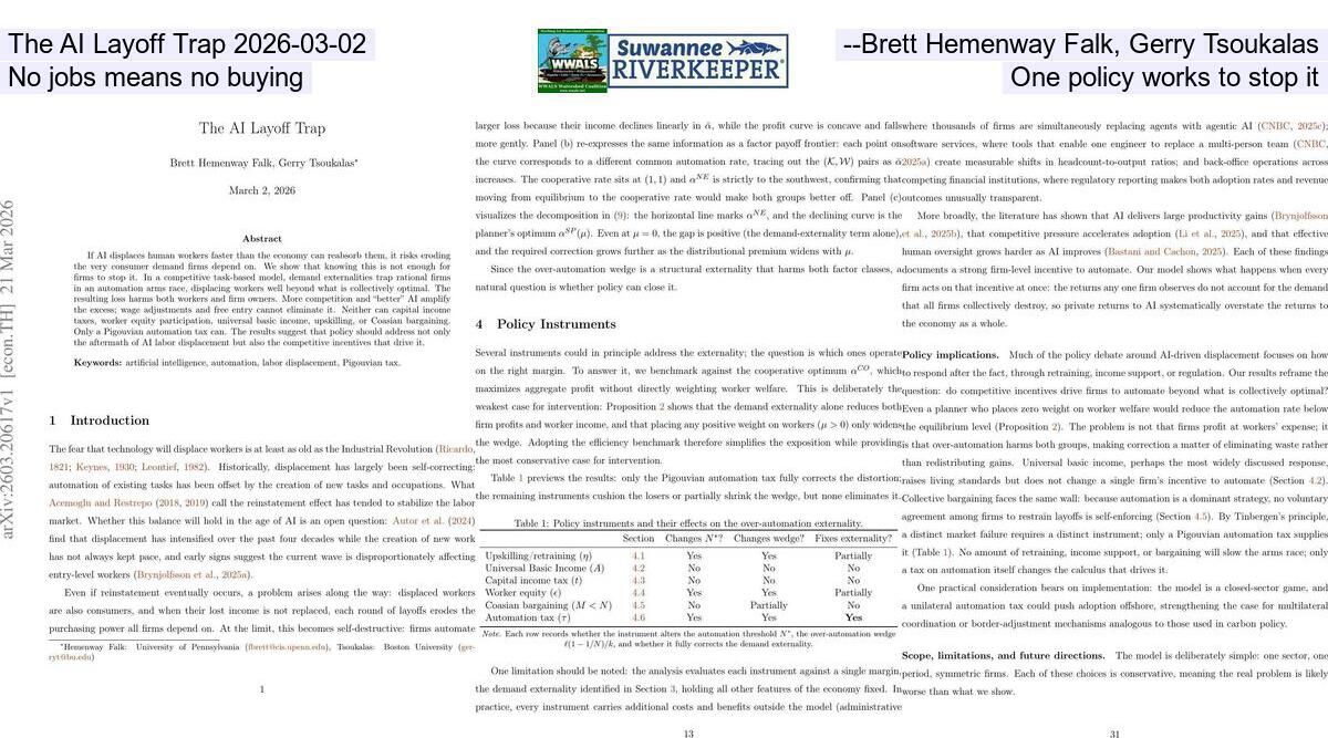The AI Layoff Trap 2026-03-02 --Brett Hemenway Falk, Gerry Tsoukalas, No jobs means no buying, One policy works to stop it