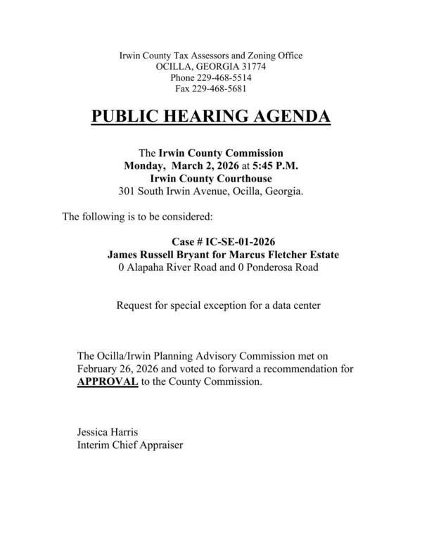 [Public Hearing Agenda, 2026-03-02, Case # IC-SE-01-2026, Request for special exception for a data center]